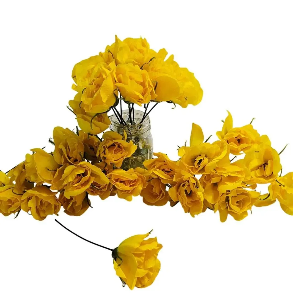 Yellow Artificial Silk Rose Buds Wired Stems Wedding Craft 2.5